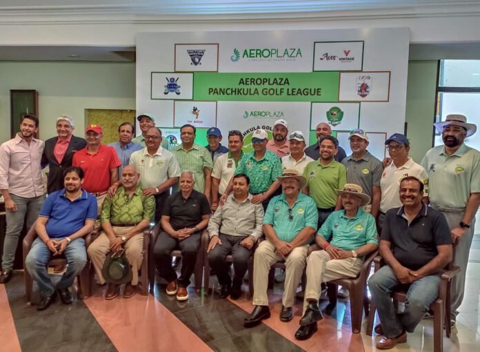 AEROPLAZA PKL GOLF LEAGUE PHOTO Owners-representatives of each of the 16 teams participating in the inaugural edition of the Aeroplaza Panchkula Golf League posing for a picture with members of the organising committee and officials of teh league at the Panchkula Golf Club on Sunday (April 6, 2025). PHOTO By: LifeInChandigarh.com